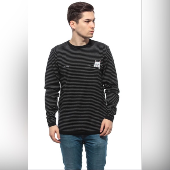 RIP n DIP striped kitty long sleeve tee large black white - Picture 2 of 7